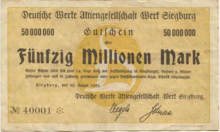 Siegburg - Deutsche Werke AG, Werk Siegburg - 29.8.1923 - 50 Millionen Mark 