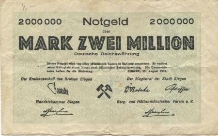 Siegen - Kreis, Stadt, Handelskammer und Berg- und Hüttenmännischer Verein eV - 17.8.1923 - 2 Millionen Mark 
