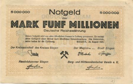 Siegen - Kreis, Stadt, Handelskammer und Berg- und Hüttenmännischer Verein eV - 24.8.1923 - 5 Millionen Mark 