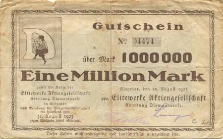 Siegmar (heute: Chemnitz) - Elitewerke AG - Abteilung Diamantwerke - 10.8.1923 - 31.8.1923 - 1 Million Mark 