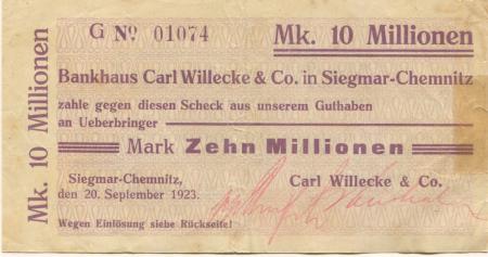 Siegmar (heute: Chemnitz) - Willecke, Carl, & Co. Bankhaus  - 20.9.1923 - 10 Millionen Mark 