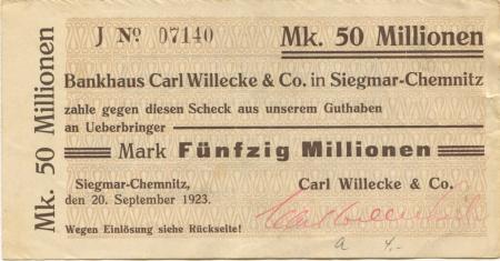 Siegmar (heute: Chemnitz) - Willecke, Carl, & Co. Bankhaus  - 20.9.1923 - 50 Millionen Mark 