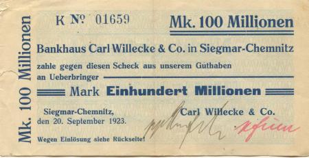 Siegmar (heute: Chemnitz) - Willecke, Carl, & Co. Bankhaus  - 20.9.1923 - 100 Millionen Mark 