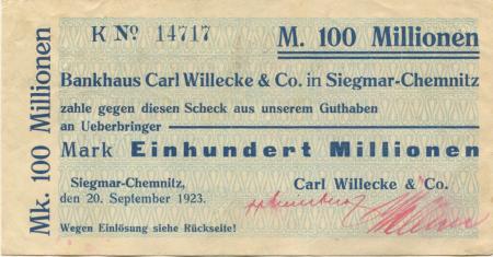 Siegmar (heute: Chemnitz) - Willecke, Carl, & Co. Bankhaus  - 20.9.1923 - 100 Millionen Mark 