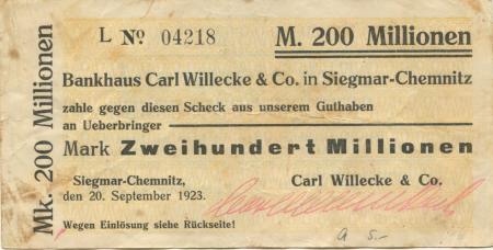Siegmar (heute: Chemnitz) - Willecke, Carl, & Co. Bankhaus  - 20.9.1923 - 200 Millionen Mark 