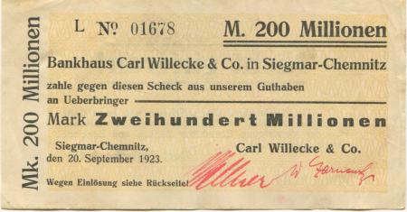 Siegmar (heute: Chemnitz) - Willecke, Carl, & Co. Bankhaus  - 20.9.1923 - 200 Millionen Mark 