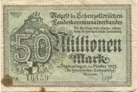 Sigmaringen - Hohenzollerischer Landeskommunalverband - Oktober 1923 - 50 Millionen Mark 