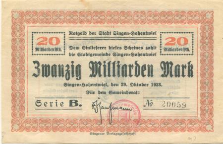 Singen - Stadt - 29.10.1923 - 20 Milliarden Mark 