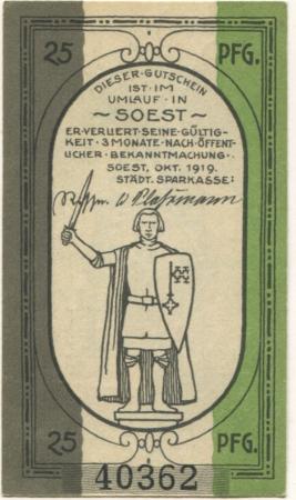 Soest - Städtische Sparkasse - Oktober 1919 - 25 Pfennig 
