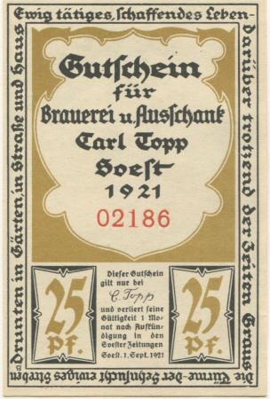 Soest - Topp, Carl, Brauerei und Ausschank, Osthofenstr. 23 - 1.9.1921 - 25 Pfennig 