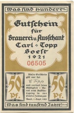 Soest - Topp, Carl, Brauerei und Ausschank, Osthofenstr. 23 - 1.9.1921 - 50 Pfennig 