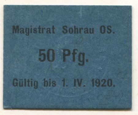 Sohrau (heute: PL-Zory) - Stadt - - 1.4.1920 - 50 Pfennig 