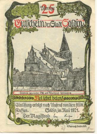 Soldin (heute: PL-Myslibórz) - Stadt - Mai 1921 - 25 Pfennig 