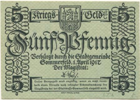Sommerfeld (heute: PL-Lubsko) - Stadt - 1.4.1917 - 5 Pfennig 