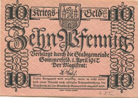Sommerfeld (heute: PL-Lubsko) - Stadt - 1.4.1917 - 10 Pfennig 