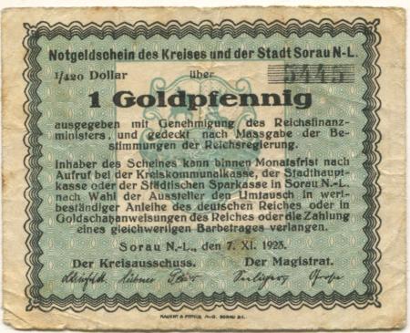 Sorau (heute: PL-Zary) - Kreis und Stadt - 7.11.1923 - 1 Gold-Pfennig 