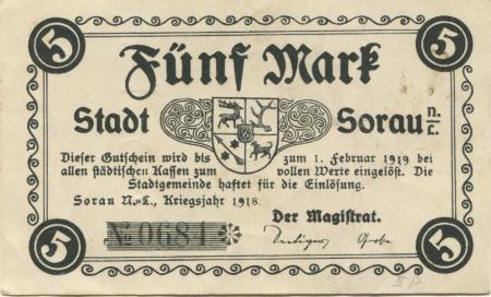Sorau (heute: PL-Zary) - Stadt - 1918 - 1.2.1919 - 5 Mark 