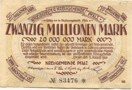Speyer - Kreisgemeinde Pfalz - 11.8.1923 - 20 Millionen Mark 