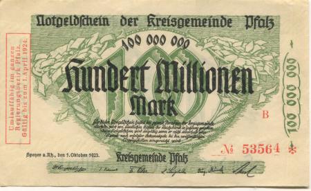 Speyer - Kreisgemeinde Pfalz - 1.10.1923 - 1.4.1924 - 100 Millionen Mark 