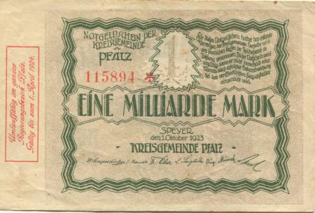 Speyer - Kreisgemeinde Pfalz - 1.10.1923 - 1.4.1924 - 1 Milliarde Mark 