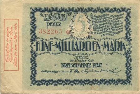 Speyer - Kreisgemeinde Pfalz - 1.10.1923 - 1.4.1924 - 5 Milliarden Mark 