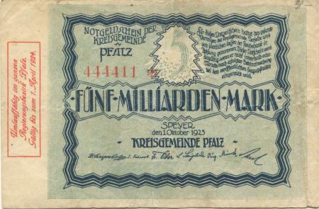 Speyer - Kreisgemeinde Pfalz - 1.10.1923 - 1.4.1924 - 5 Milliarden Mark 