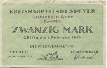Speyer - Stadt - - 1.2.1919 - 20 Mark 