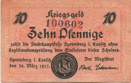 Spremberg - Stadt - 26.3.1917 - 10 Pfennig 