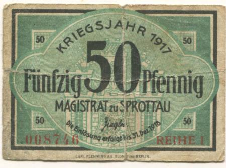Sprottau (heute: PL-Szprotawa) - Stadt - 1917 - 31.12.1918  - 50 Pfennig 