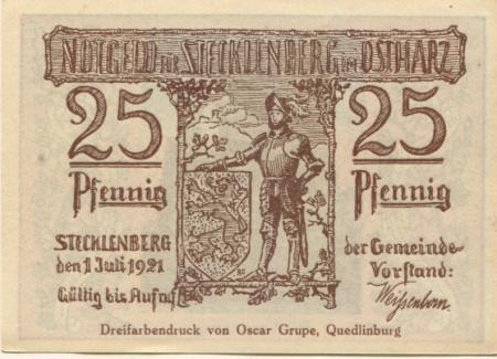 Stecklenberg (heute: Thale) - Gemeinde - 1.7.1921 - 25 Pfennig 