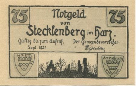 Stecklenberg (heute: Thale) - Gemeinde - September 1921 - 75 Pfennig 