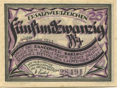Stettin (heute: PL-Szczecin) - Kreis Randow - 1.9.1921 - 30.6.1922 - 25 Pfennig 