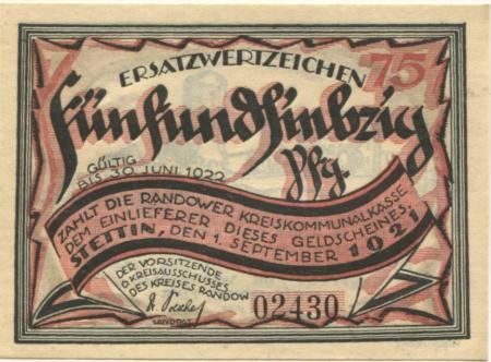Stettin (heute: PL-Szczecin) - Kreis Randow - 1.9.1921 - 30.6.1922 - 75 Pfennig 