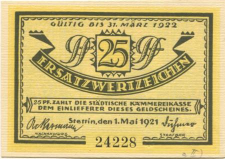 Stettin (heute: PL-Szczecin) - Stadt - 1.5.1921 - 31.3.1922 - 25 Pfennig 