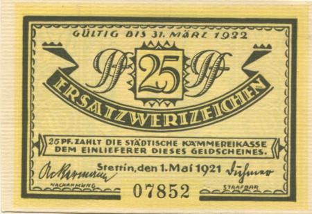 Stettin (heute: PL-Szczecin) - Stadt - 1.5.1921 - 31.3.1922 - 25 Pfennig 