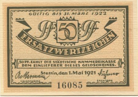 Stettin (heute: PL-Szczecin) - Stadt - 1.5.1921 - 31.3.1922 - 50 Pfennig 