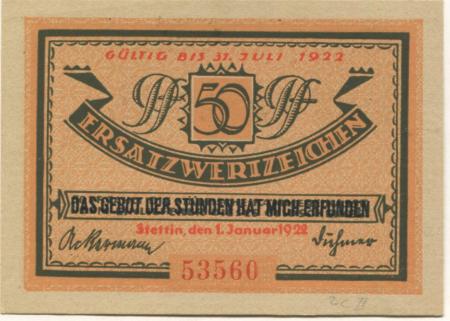 Stettin (heute: PL-Szczecin) - Stadt - 1.1.1922 - 31.7.1922 - 50 Pfennig 