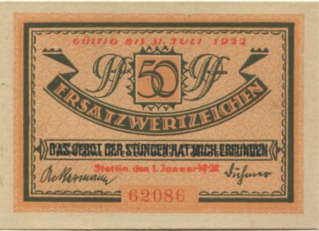 Stettin (heute: PL-Szczecin) - Stadt - 1.1.1922 - 31.7.1922 - 50 Pfennig 