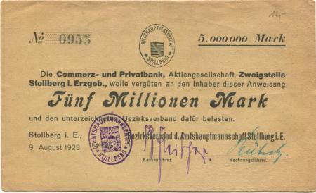 Stollberg - Amtshauptmannschaft - 9.8.1923 - 5 Millionen Mark 