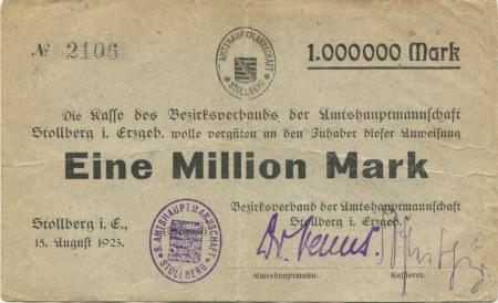 Stollberg - Amtshauptmannschaft - 15.8.1923 - 1 Million Mark 