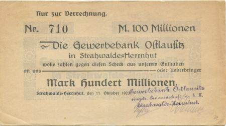 Strahwalde (heute: Herrnhut) - Gewerbebank Ostlausitz eGmbH - 11.10.1923 - 100 Millionen Mark 