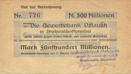 Strahwalde (heute: Herrnhut) - Gewerbebank Ostlausitz eGmbH - 11.10.1923 - 500 Millionen Mark 