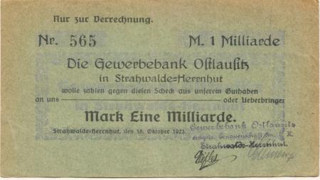 Strahwalde (heute: Herrnhut) - Gewerbebank Ostlausitz eGmbH - 18.10.1923 - 1 Milliarde Mark 