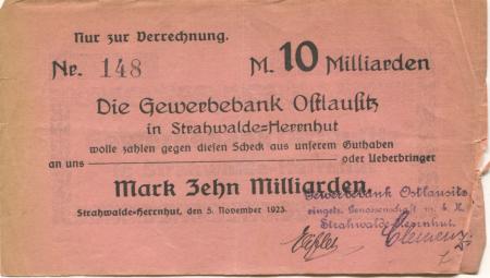 Strahwalde (heute: Herrnhut) - Gewerbebank Ostlausitz eGmbH - 5.11.1923 - 10 Milliarden Mark 