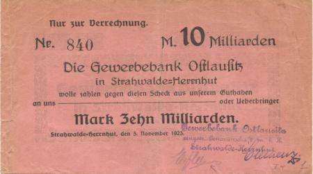 Strahwalde (heute: Herrnhut) - Gewerbebank Ostlausitz eGmbH - 5.11.1923 - 10 Milliarden Mark 