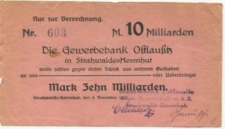 Strahwalde (heute: Herrnhut) - Gewerbebank Ostlausitz eGmbH - 5.11.1923 - 10 Milliarden Mark 