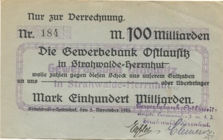 Strahwalde (heute: Herrnhut) - Gewerbebank Ostlausitz eGmbH - 5.11.1923 - 100 Milliarden Mark 