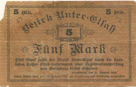 Straßburg (heute: F-Strasbourg) - Bezirk Unter-Elsass - 25.10.1918 - 31.1.1919 - 5 Mark 