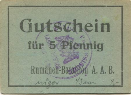 Straßburg (heute: F-Strasbourg) - Rumänen-Bataillon A.A.B., Königlich Preußische Landsturm-Bewachungs-Kompanie II/39 - -- - 5 Pfennig 