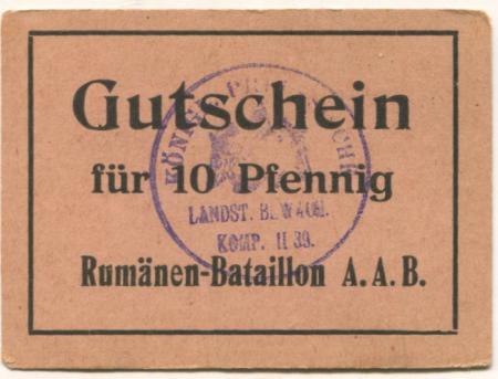 Straßburg (heute: F-Strasbourg) - Rumänen-Bataillon A.A.B., Königlich Preußische Landsturm-Bewachungs-Kompanie II/39 - -- - 10 Pfennig 